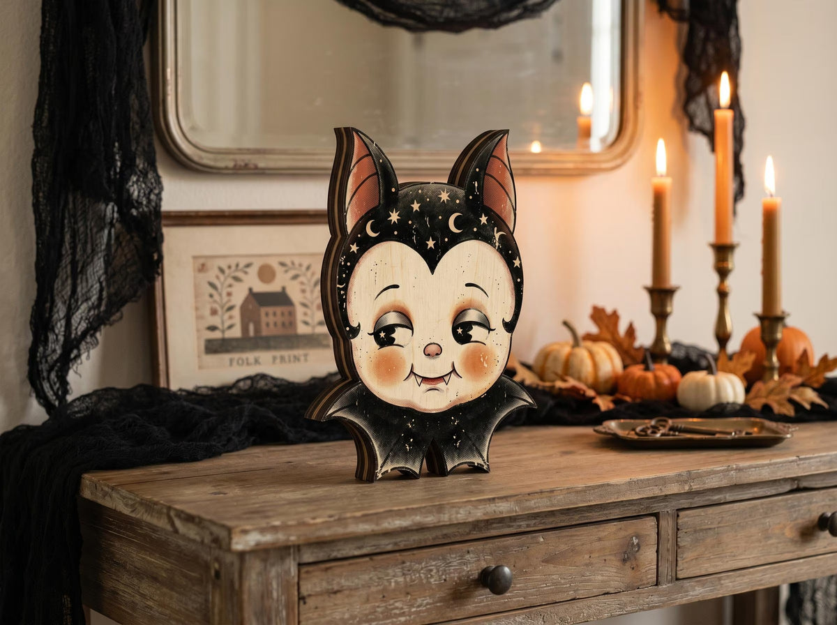 Vintage Halloween Wooden Block Decor, Retro Shelf Sitter with Ghost Pumpkin Black Cat Clown Bat, Rustic Indoor Home Decoration, Housewarming Gift