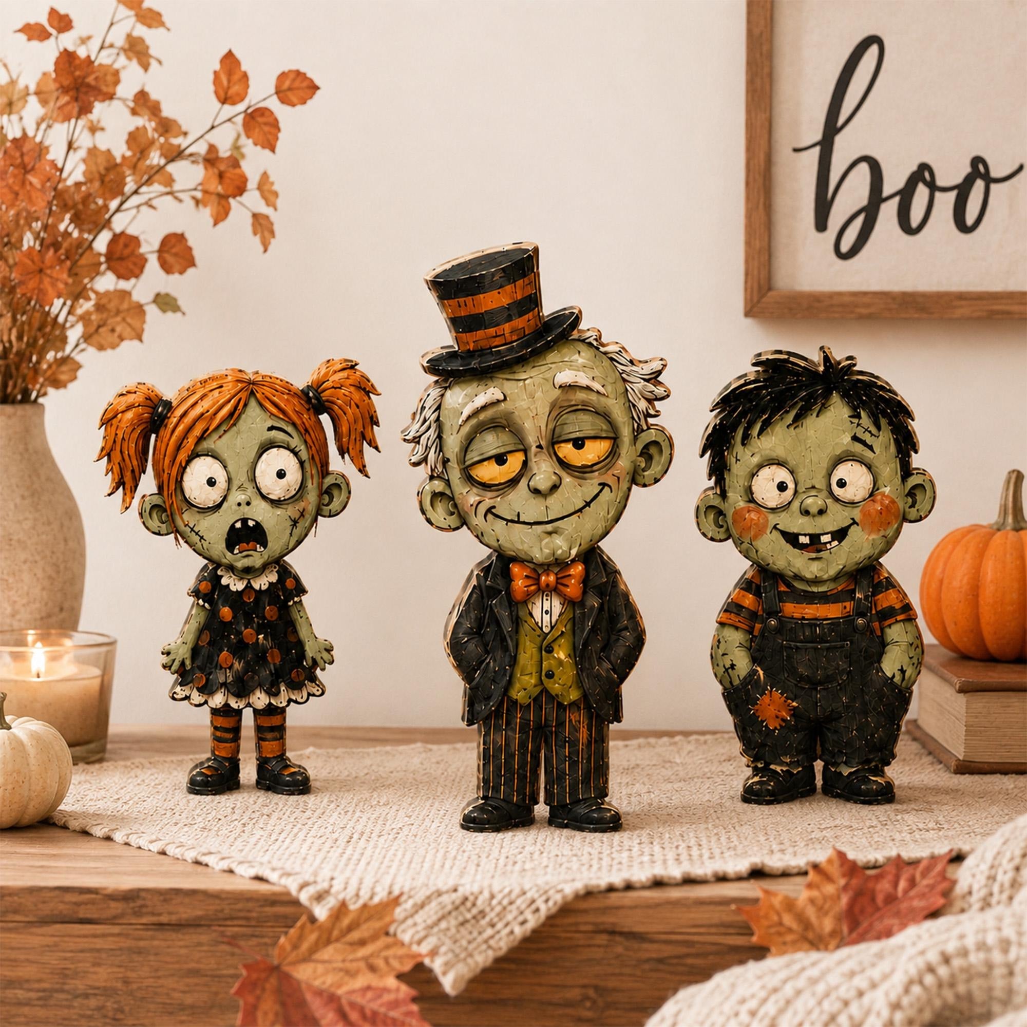 Spooky Zombie Family Figurines Set Halloween Decor, Creepy Cute Haunted House Statues, Unique Horror Gift, Undead Bride Groom Art