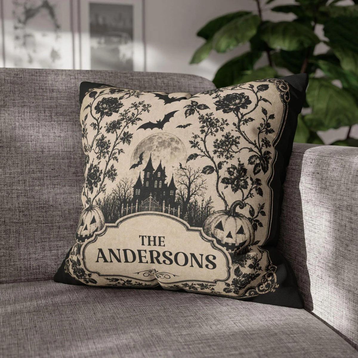 Custom Halloween Throw Pillow Cover, Black Beige Vintage Gothic Family Name Cushion Case, Spooky Fall Home Decor, Personalized Square Pillow