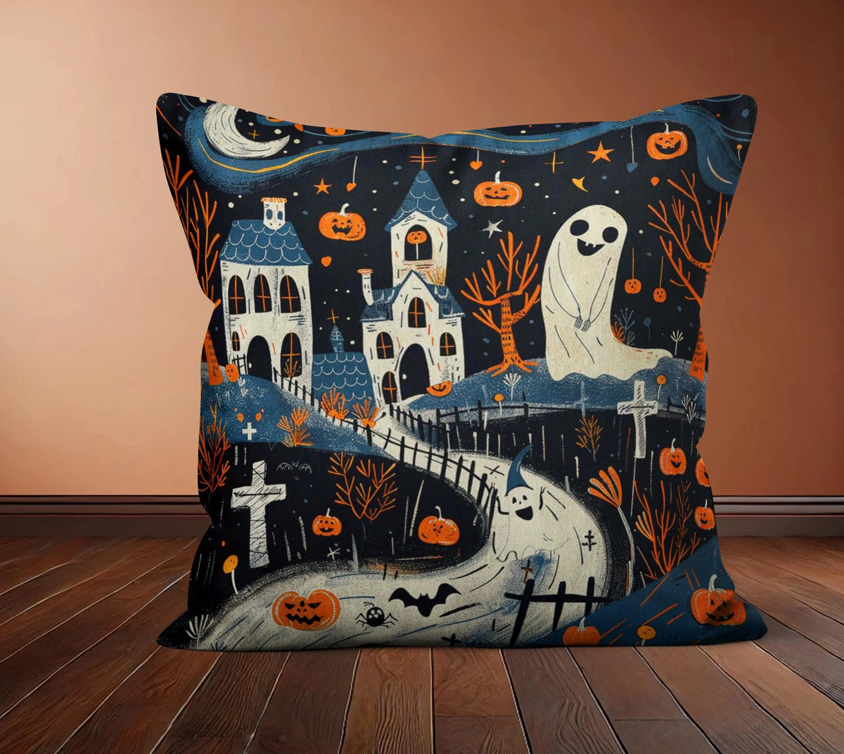Black Halloween Accent Pillow Cover, Spooky Ghosts & Orange Pumpkin Cushion Case, Creepy Festive Throw Pillow, Fall Home Decor, Halloween Gift