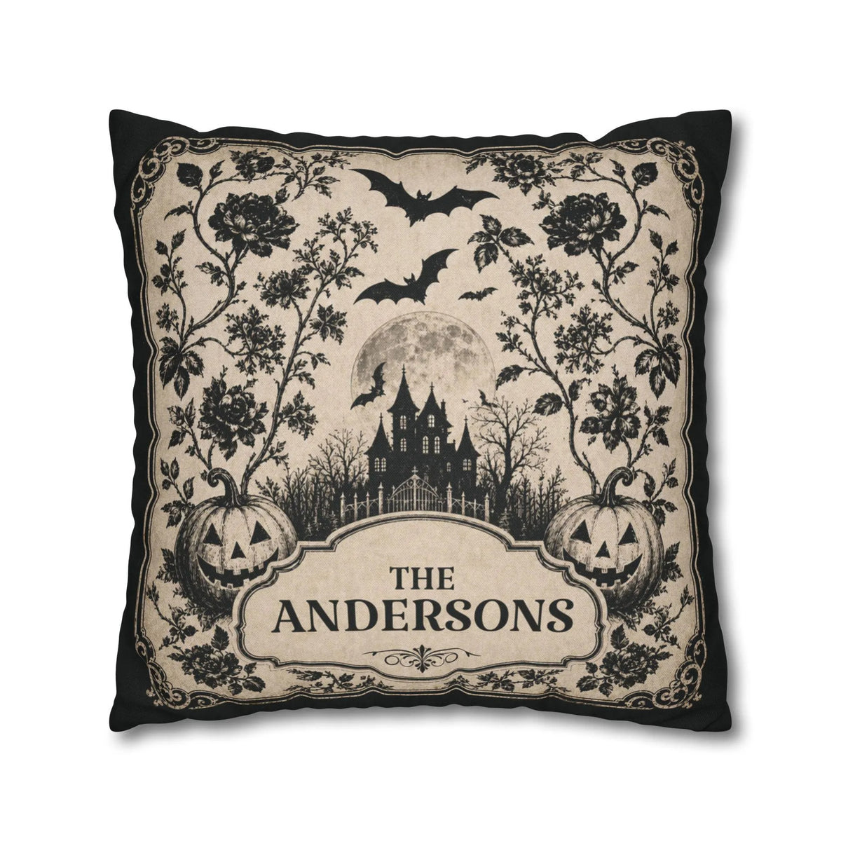 Custom Halloween Throw Pillow Cover, Black Beige Vintage Gothic Family Name Cushion Case, Spooky Fall Home Decor, Personalized Square Pillow