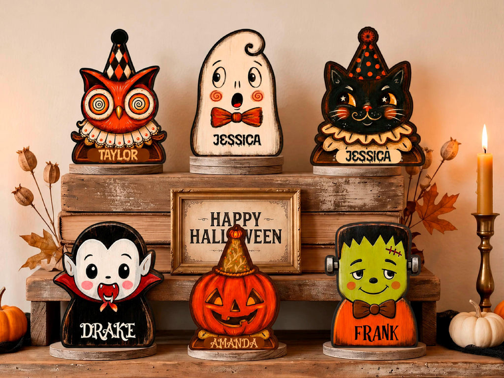 Vintage Halloween Decor, Retro Wooden Block for Shelf Decor, Custom Name Wooden Block, Mini Halloween Ornament, Rustic Halloween Family Gift