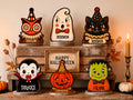 Vintage Halloween Decor, Retro Wooden Block for Shelf Decor, Custom Name Wooden Block, Mini Halloween Ornament, Rustic Halloween Family Gift