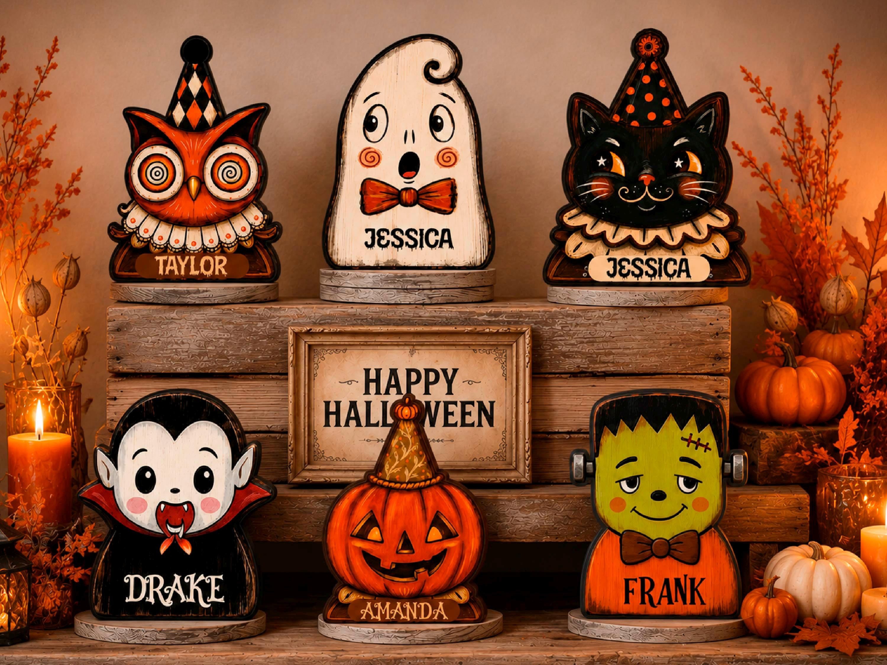 Vintage Halloween Decor, Retro Wooden Block for Shelf Decor, Custom Name Wooden Block, Mini Halloween Ornament, Rustic Halloween Family Gift