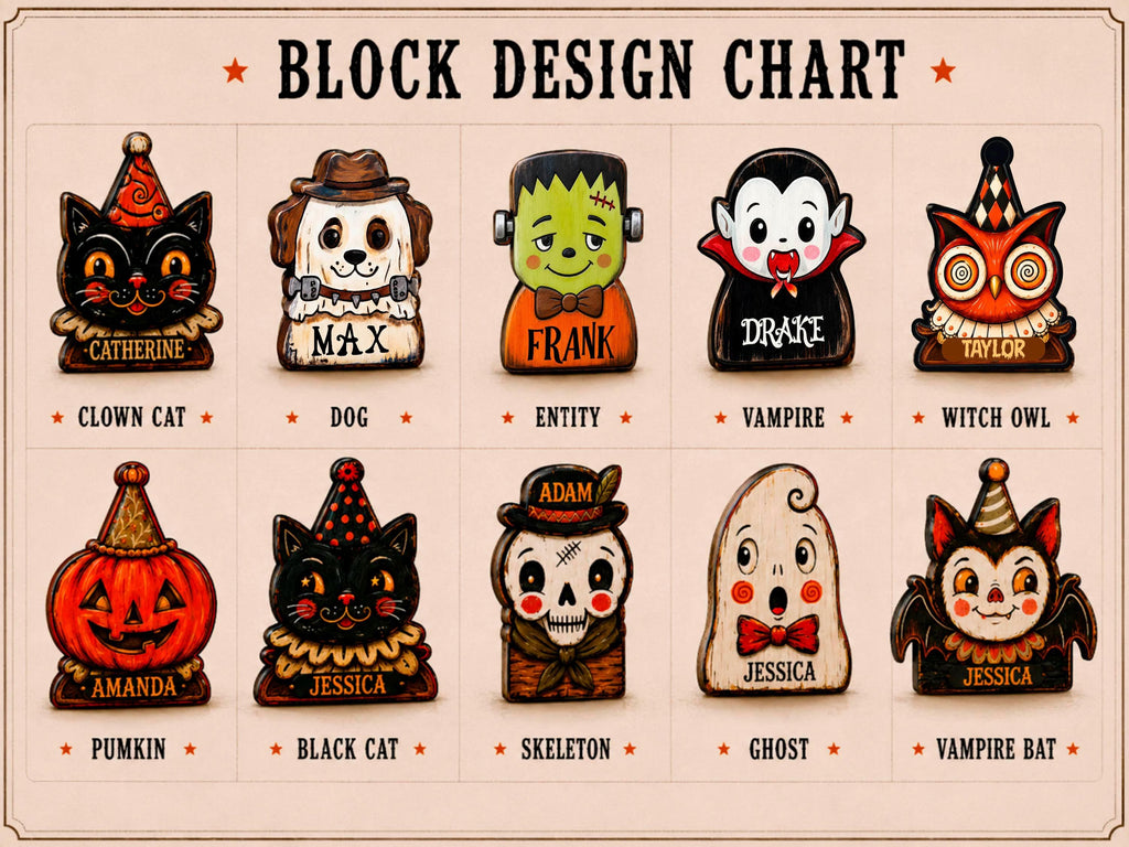 Vintage Halloween Decor, Retro Wooden Block for Shelf Decor, Custom Name Wooden Block, Mini Halloween Ornament, Rustic Halloween Family Gift