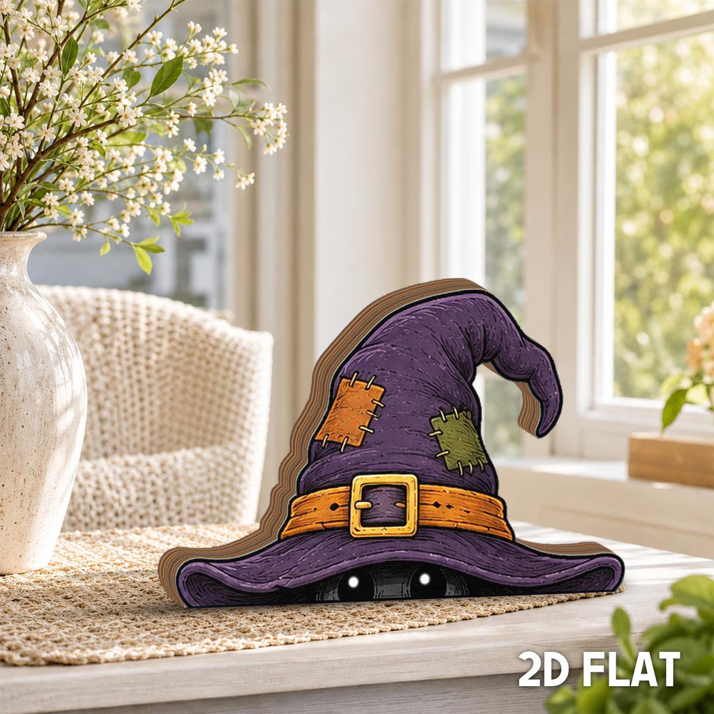 Halloween Witch Hat Wooden Block, Peeking Witch Decor, Spooky Shelf Decor, Halloween Desk Decor, Purple Witch Tiered Tray Decor