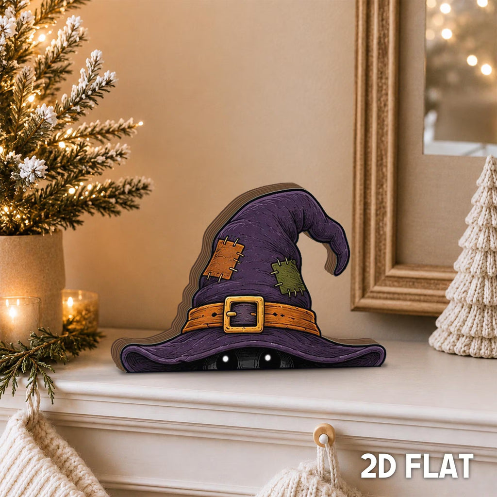 Halloween Witch Hat Wooden Block, Peeking Witch Decor, Spooky Shelf Decor, Halloween Desk Decor, Purple Witch Tiered Tray Decor