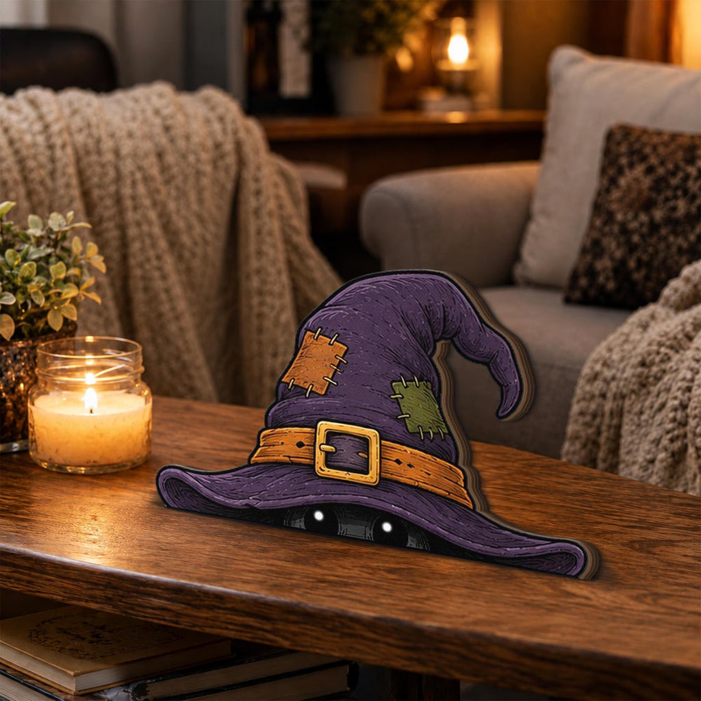 Halloween Witch Hat Wooden Block, Peeking Witch Decor, Spooky Shelf Decor, Halloween Desk Decor, Purple Witch Tiered Tray Decor