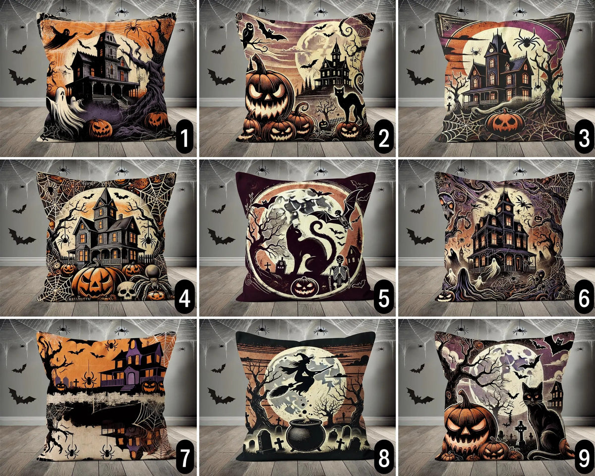 Vintage Halloween Throw Pillow Cover, Haunted House Cushion Case, Spooky Moonlit Night Pillow, Creepy Fall Home Decor, Trick or Treat Gift