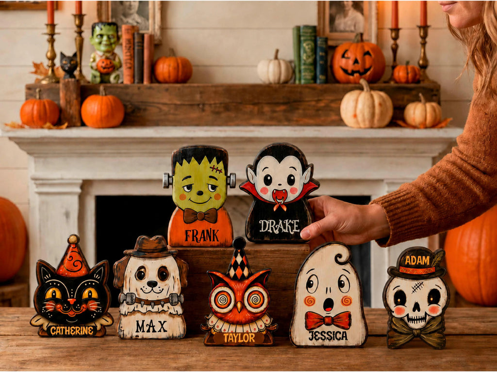 Vintage Halloween Decor, Retro Wooden Block for Shelf Decor, Custom Name Wooden Block, Mini Halloween Ornament, Rustic Halloween Family Gift