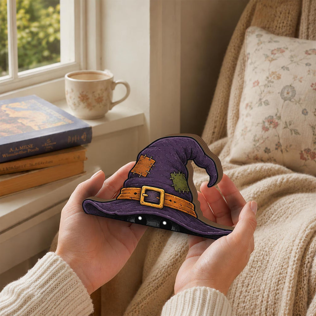Halloween Witch Hat Wooden Block, Peeking Witch Decor, Spooky Shelf Decor, Halloween Desk Decor, Purple Witch Tiered Tray Decor