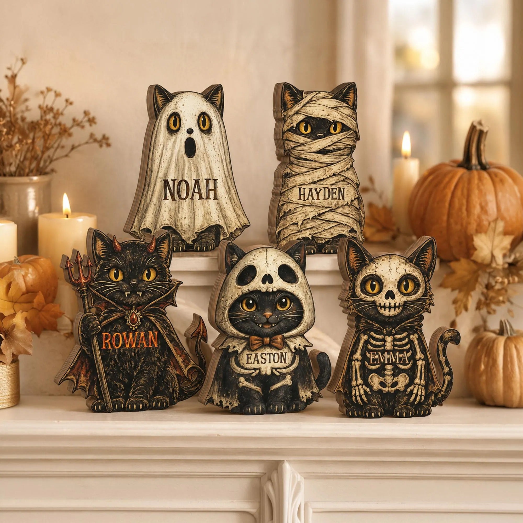 Personalized Halloween Wooden Block Decor, Custom Name Cat Witch Pumpkin, Shelf Decoration, Spooky Family Name Sign, Halloween Tabletop Gift
