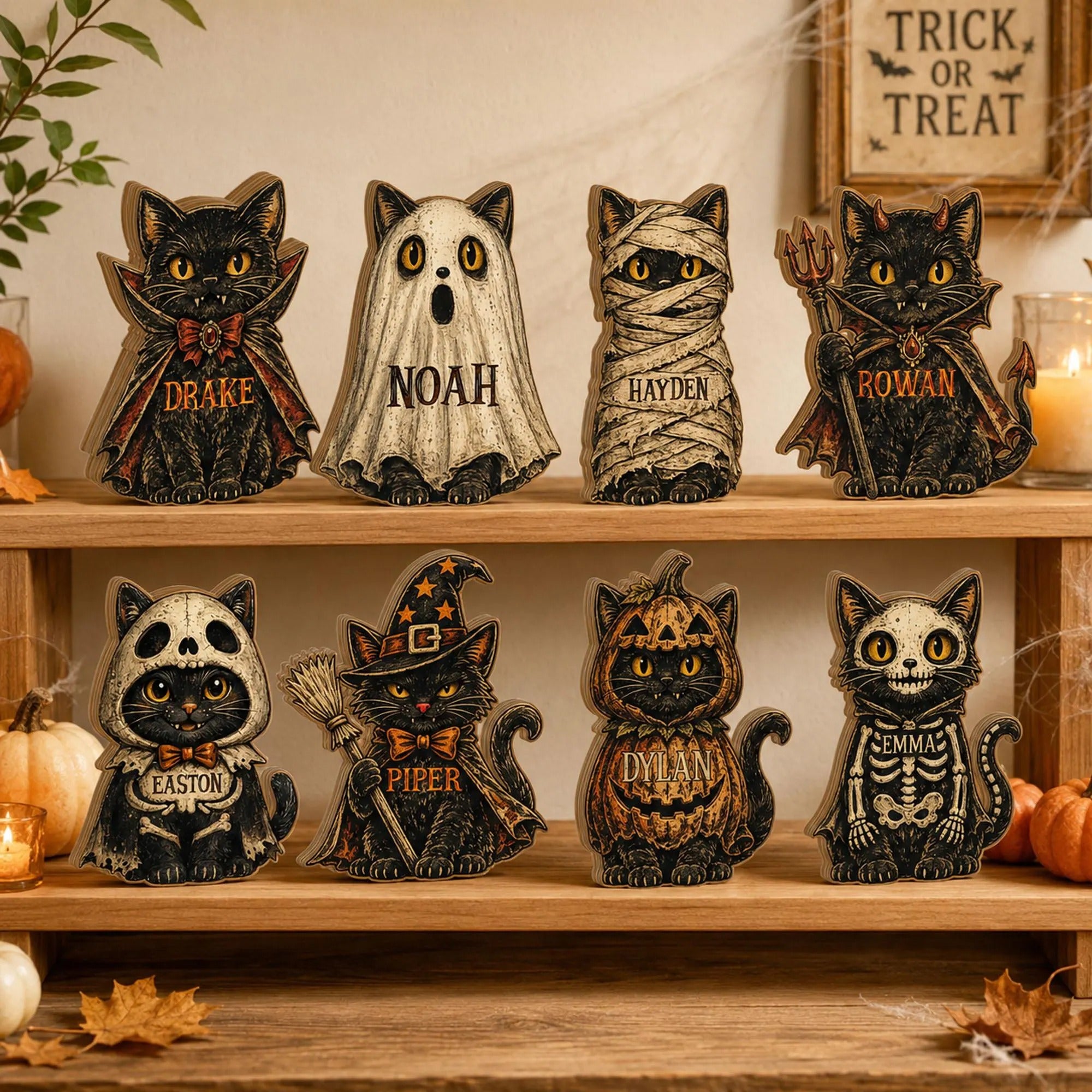 Personalized Halloween Wooden Block Decor, Custom Name Cat Witch Pumpkin, Shelf Decoration, Spooky Family Name Sign, Halloween Tabletop Gift