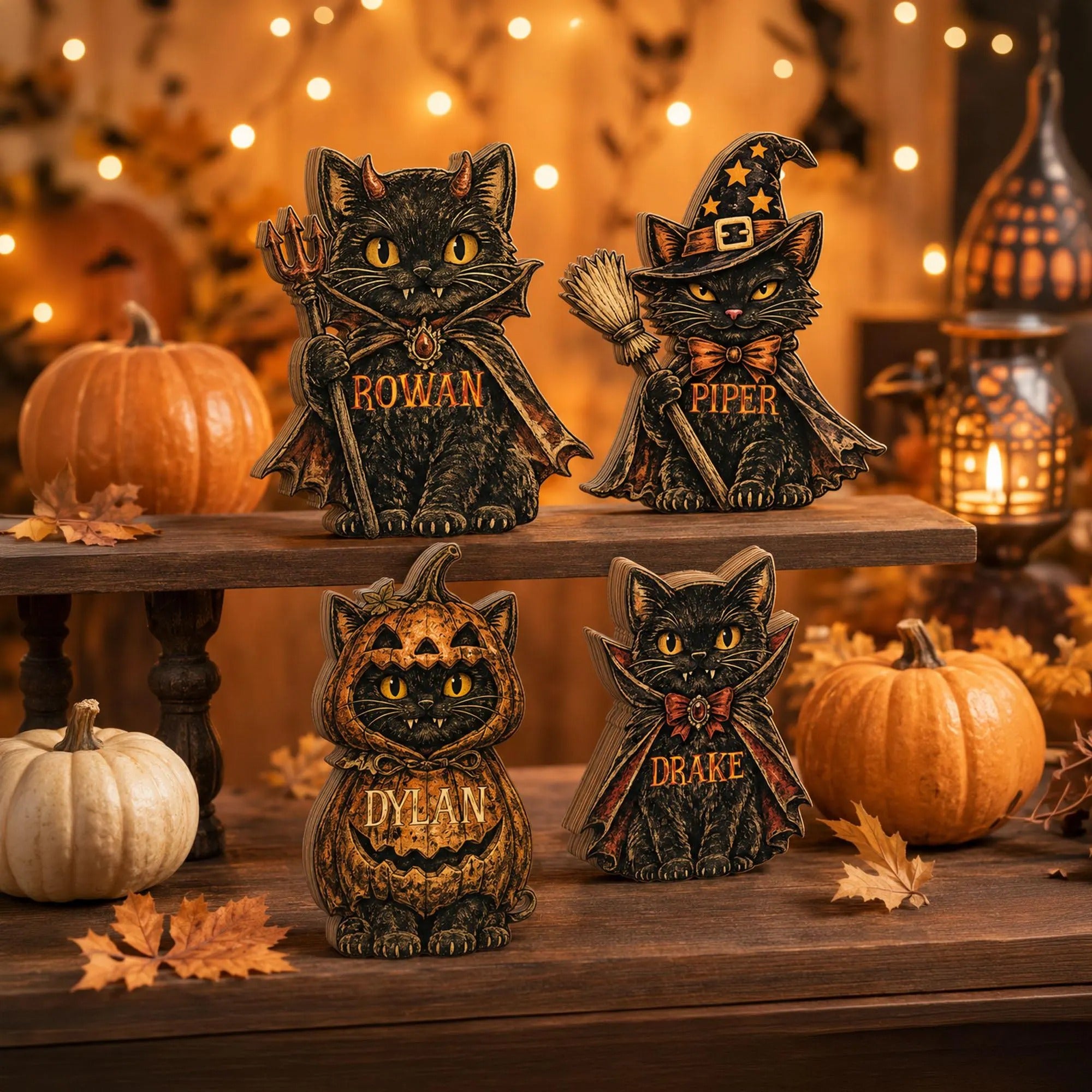 Personalized Halloween Wooden Block Decor, Custom Name Cat Witch Pumpkin, Shelf Decoration, Spooky Family Name Sign, Halloween Tabletop Gift