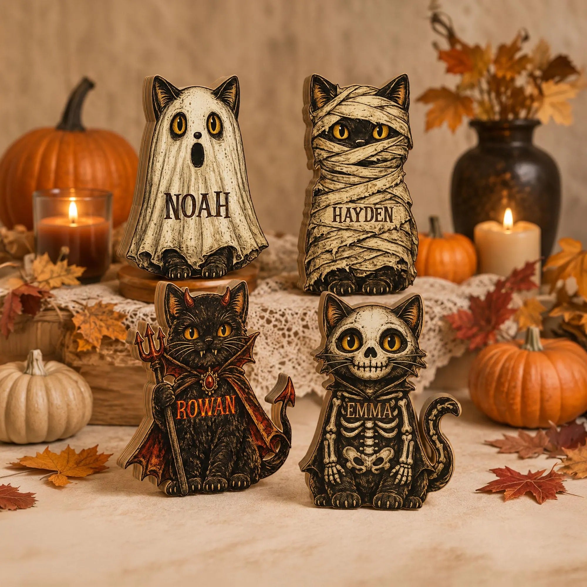 Personalized Halloween Wooden Block Decor, Custom Name Cat Witch Pumpkin, Shelf Decoration, Spooky Family Name Sign, Halloween Tabletop Gift