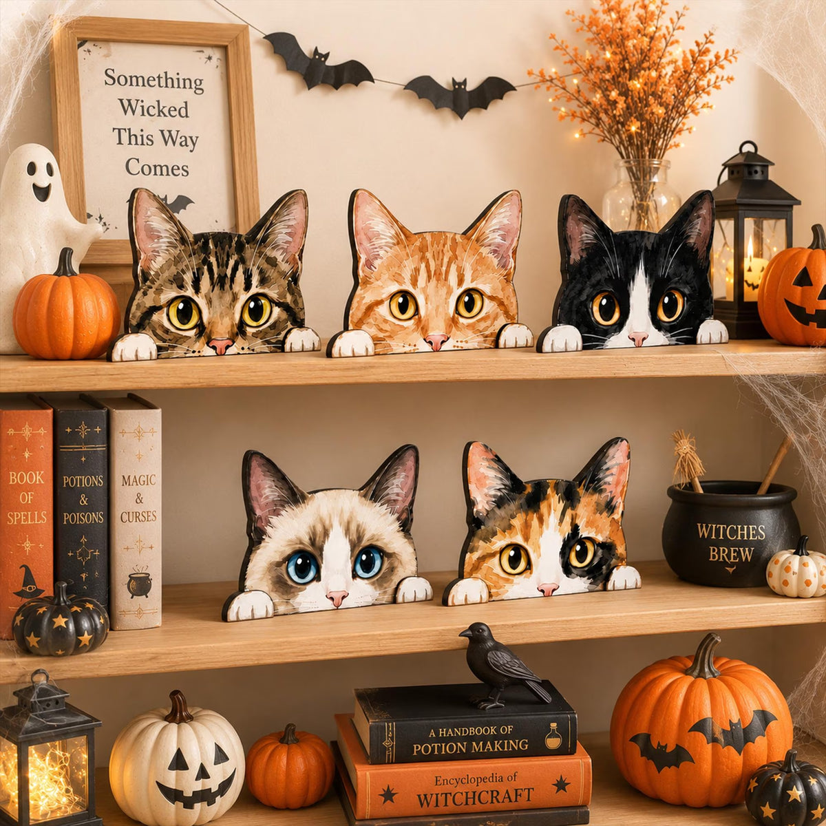 Halloween Cat Shelf Sitter, Vintage Wooden Cat Decor, Spooky Fall Shelf Decoration, Peeking Black Cat Figurine, Rustic Autumn Home Decor, Cat Lover Gift