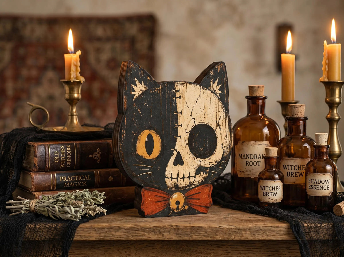 Vintage Halloween Cat Wooden Block Decor, Primitive Skull Black Cat Shelf Sitter, Rustic Indoor Halloween Decoration, Spooky Home Decor, Housewarming Gift