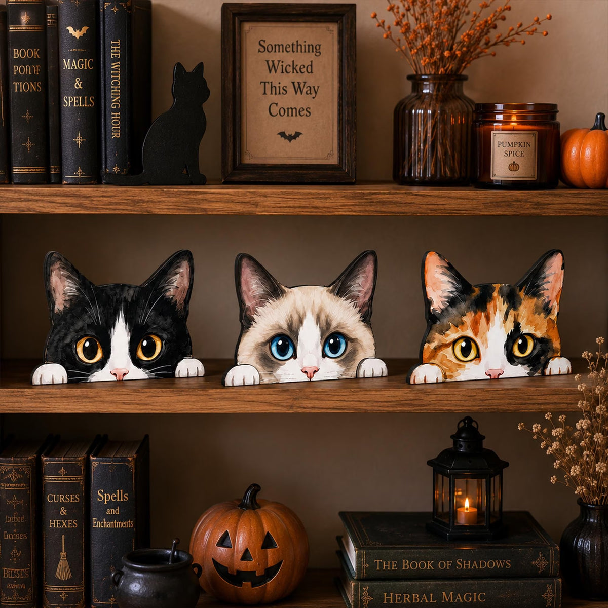 Halloween Cat Shelf Sitter, Vintage Wooden Cat Decor, Spooky Fall Shelf Decoration, Peeking Black Cat Figurine, Rustic Autumn Home Decor, Cat Lover Gift