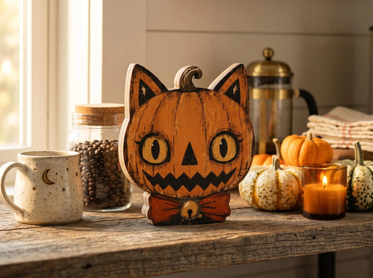 Vintage Halloween Cat Wooden Block Decor, Primitive Skull Black Cat Shelf Sitter, Rustic Indoor Halloween Decoration, Spooky Home Decor, Housewarming Gift