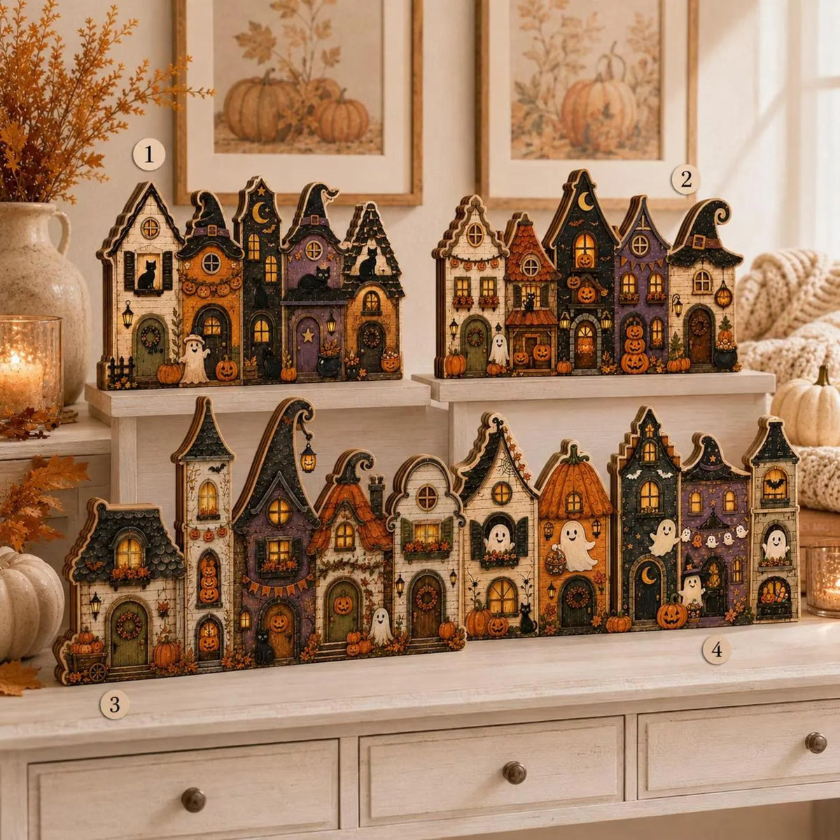 Halloween Wooden Village Houses, Spooky Haunted House Decor, 3-Layer Plywood Shelf Sitter, Rustic Fall Tabletop Decoration