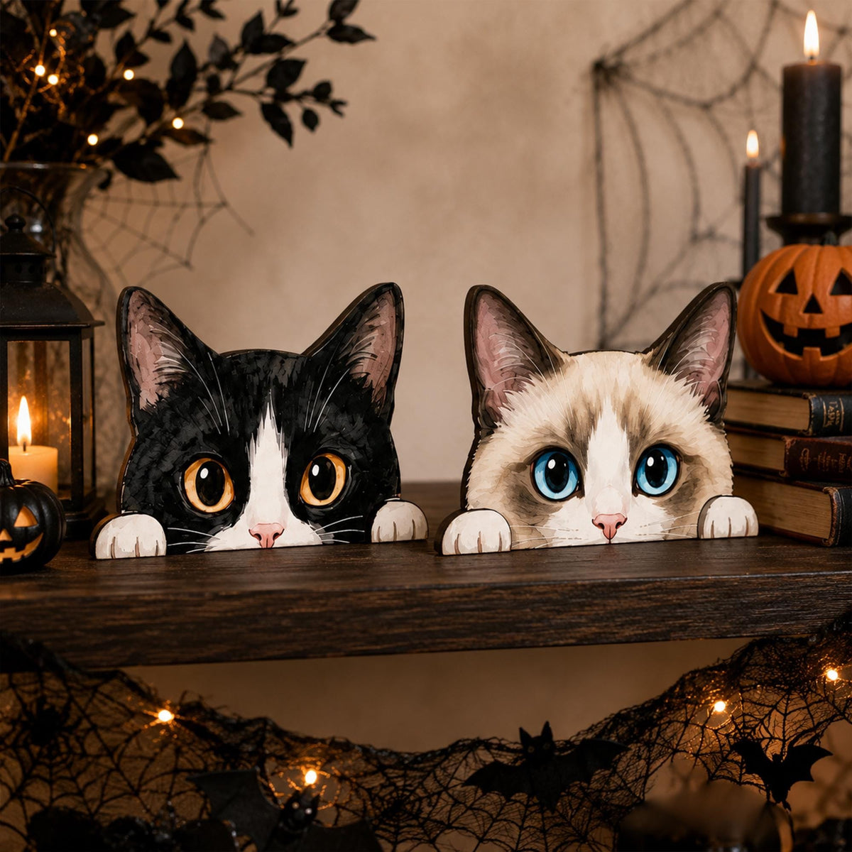 Halloween Cat Shelf Sitter, Vintage Wooden Cat Decor, Spooky Fall Shelf Decoration, Peeking Black Cat Figurine, Rustic Autumn Home Decor, Cat Lover Gift