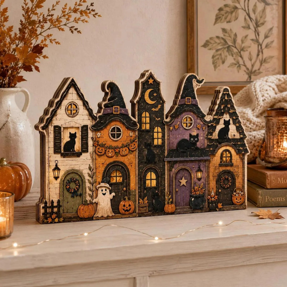 Halloween Wooden Village Houses, Spooky Haunted House Decor, 3-Layer Plywood Shelf Sitter, Rustic Fall Tabletop Decoration