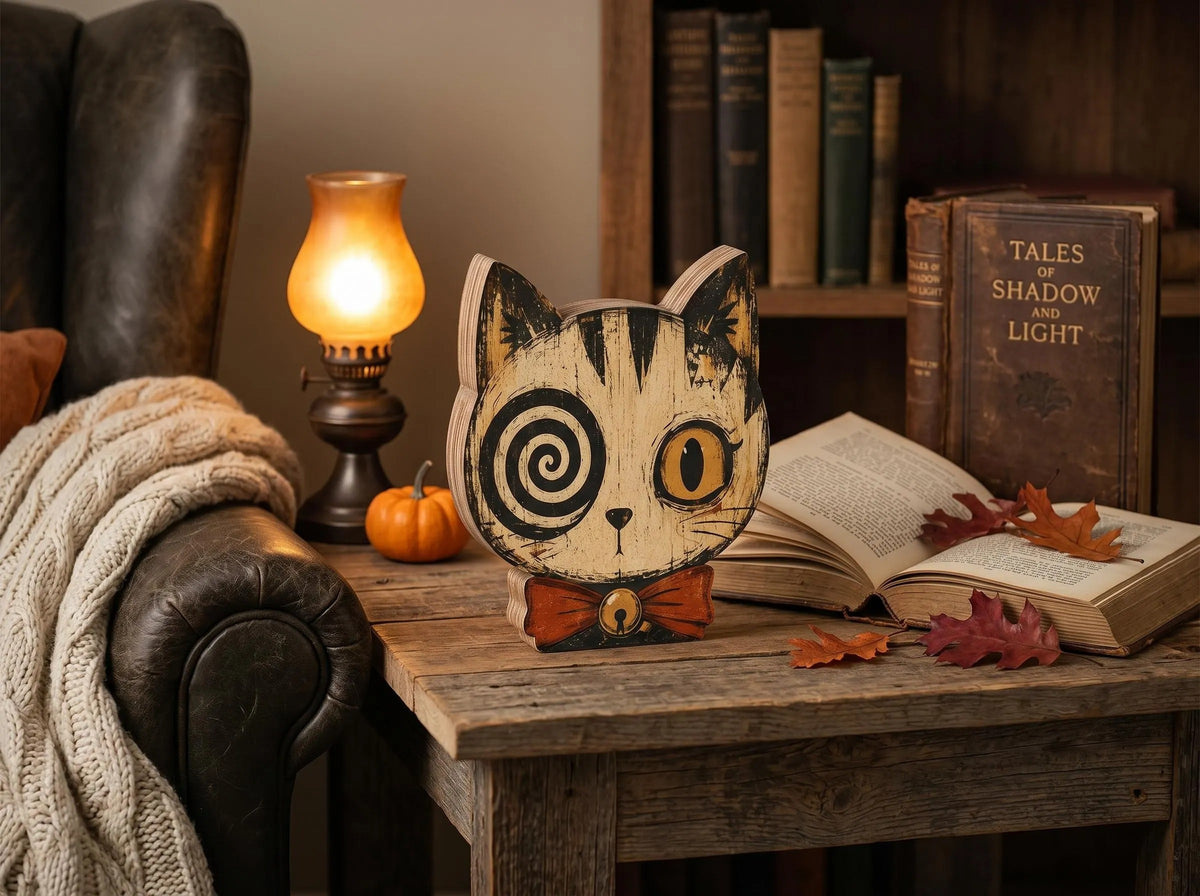 Vintage Halloween Cat Wooden Block Decor, Primitive Skull Black Cat Shelf Sitter, Rustic Indoor Halloween Decoration, Spooky Home Decor, Housewarming Gift