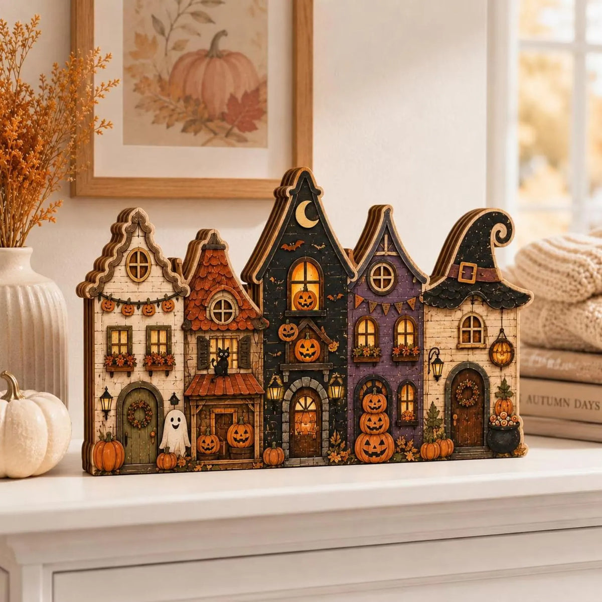Halloween Wooden Village Houses, Spooky Haunted House Decor, 3-Layer Plywood Shelf Sitter, Rustic Fall Tabletop Decoration