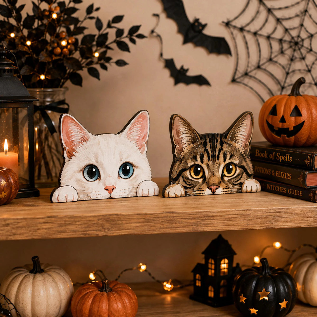 Halloween Cat Shelf Sitter, Vintage Wooden Cat Decor, Spooky Fall Shelf Decoration, Peeking Black Cat Figurine, Rustic Autumn Home Decor, Cat Lover Gift