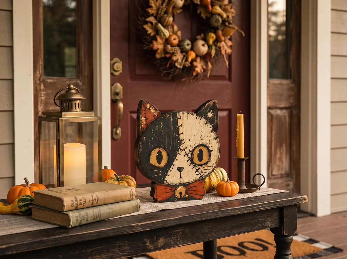 Vintage Halloween Cat Wooden Block Decor, Primitive Skull Black Cat Shelf Sitter, Rustic Indoor Halloween Decoration, Spooky Home Decor, Housewarming Gift