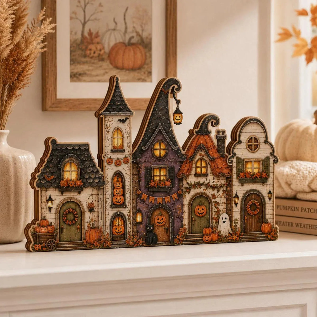 Halloween Wooden Village Houses, Spooky Haunted House Decor, 3-Layer Plywood Shelf Sitter, Rustic Fall Tabletop Decoration