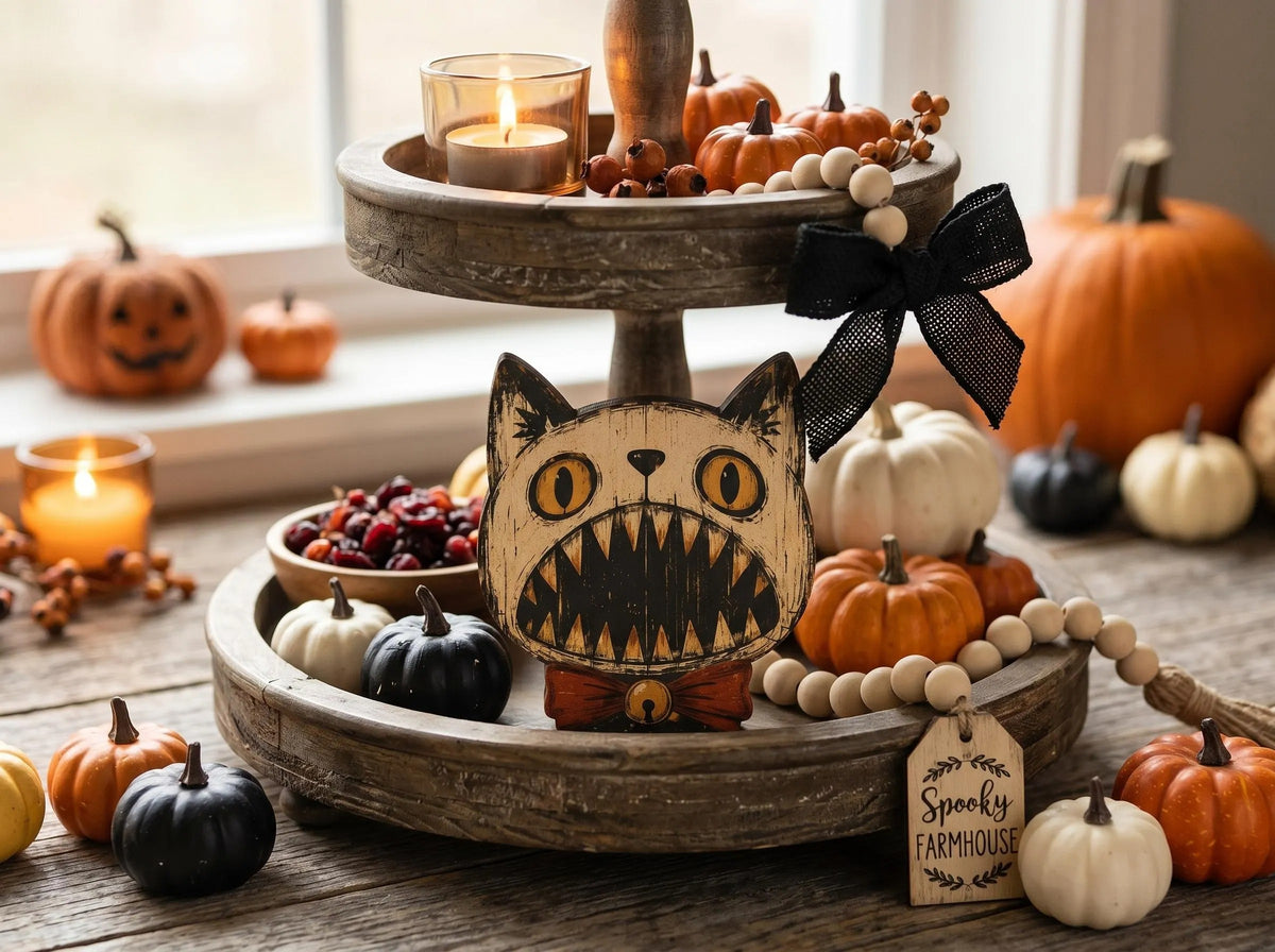 Vintage Halloween Cat Wooden Block Decor, Primitive Skull Black Cat Shelf Sitter, Rustic Indoor Halloween Decoration, Spooky Home Decor, Housewarming Gift
