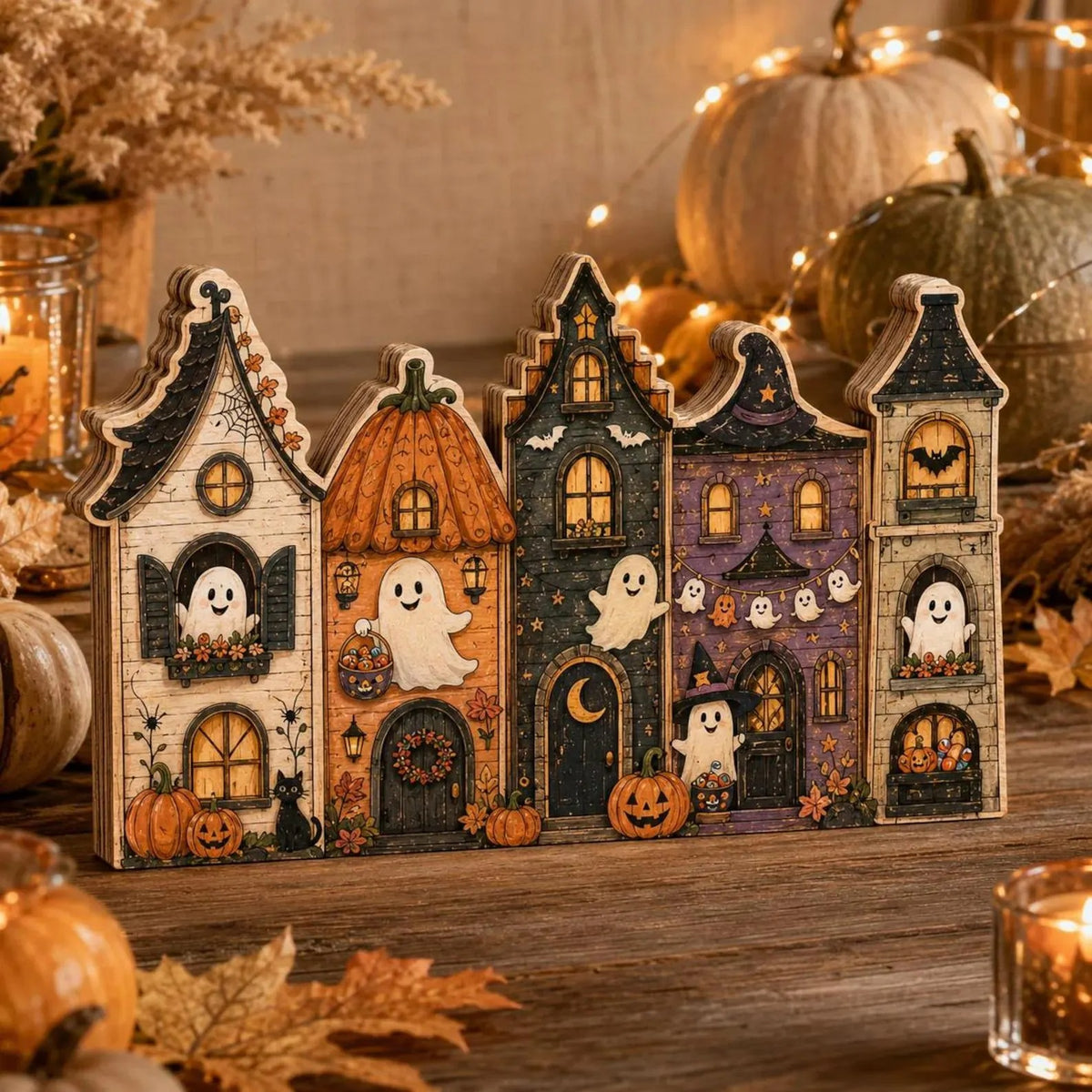 Halloween Wooden Village Houses, Spooky Haunted House Decor, 3-Layer Plywood Shelf Sitter, Rustic Fall Tabletop Decoration
