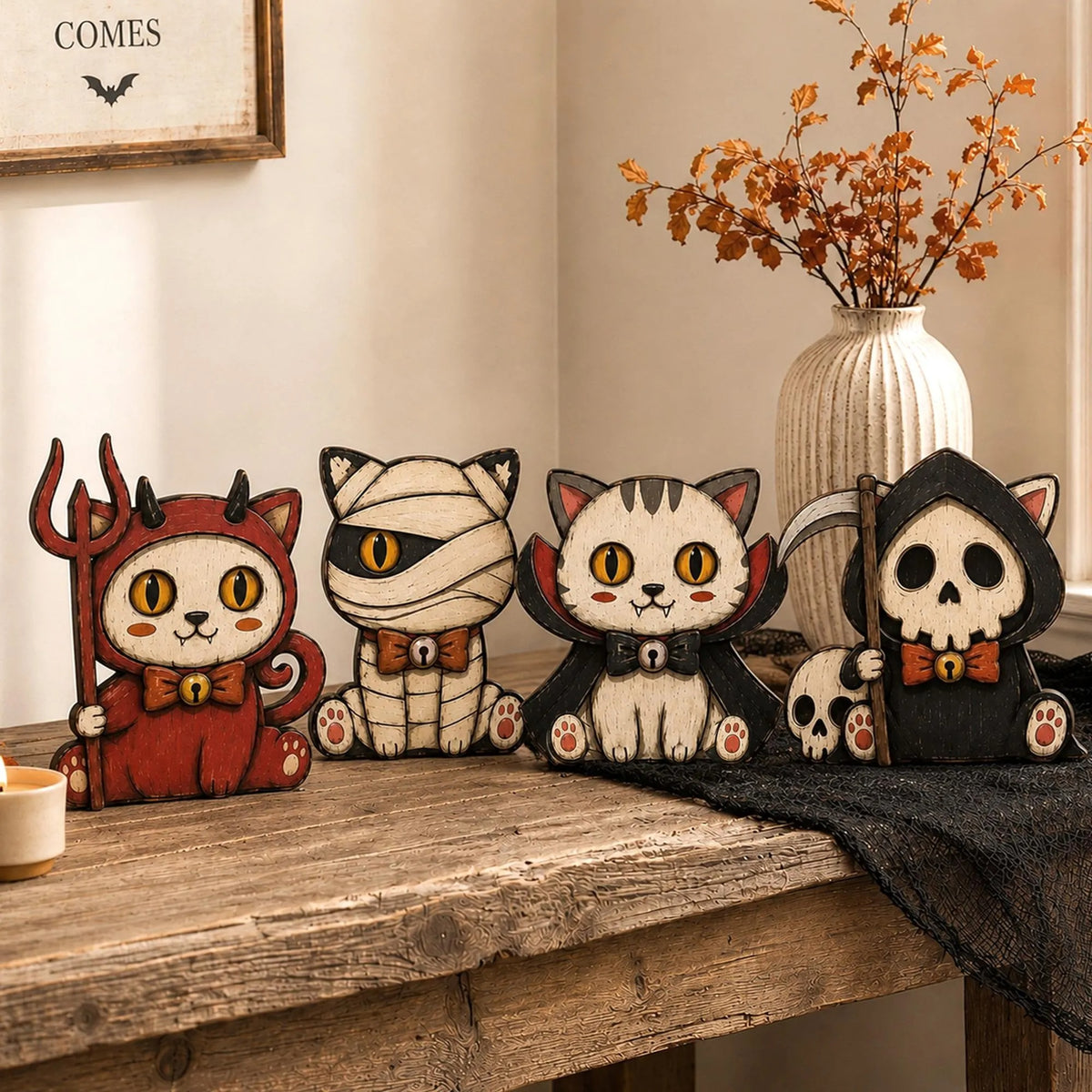 Halloween Black Cat Wooden Block, Vintage Folk Art Cat Shelf Decor, Spooky Witchy Tabletop Display, Rustic Halloween Decoration, Cat Lover Gift