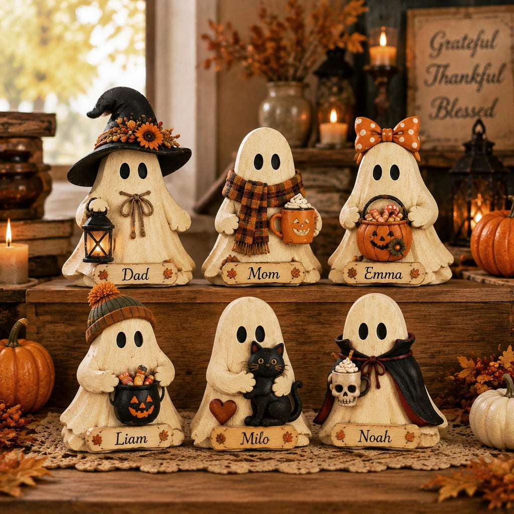 Personalized Halloween Ghost Wooden Block, Custom Name Ghost Figurine, Cute Fall Pumpkin Decor, Spooky Family Gift