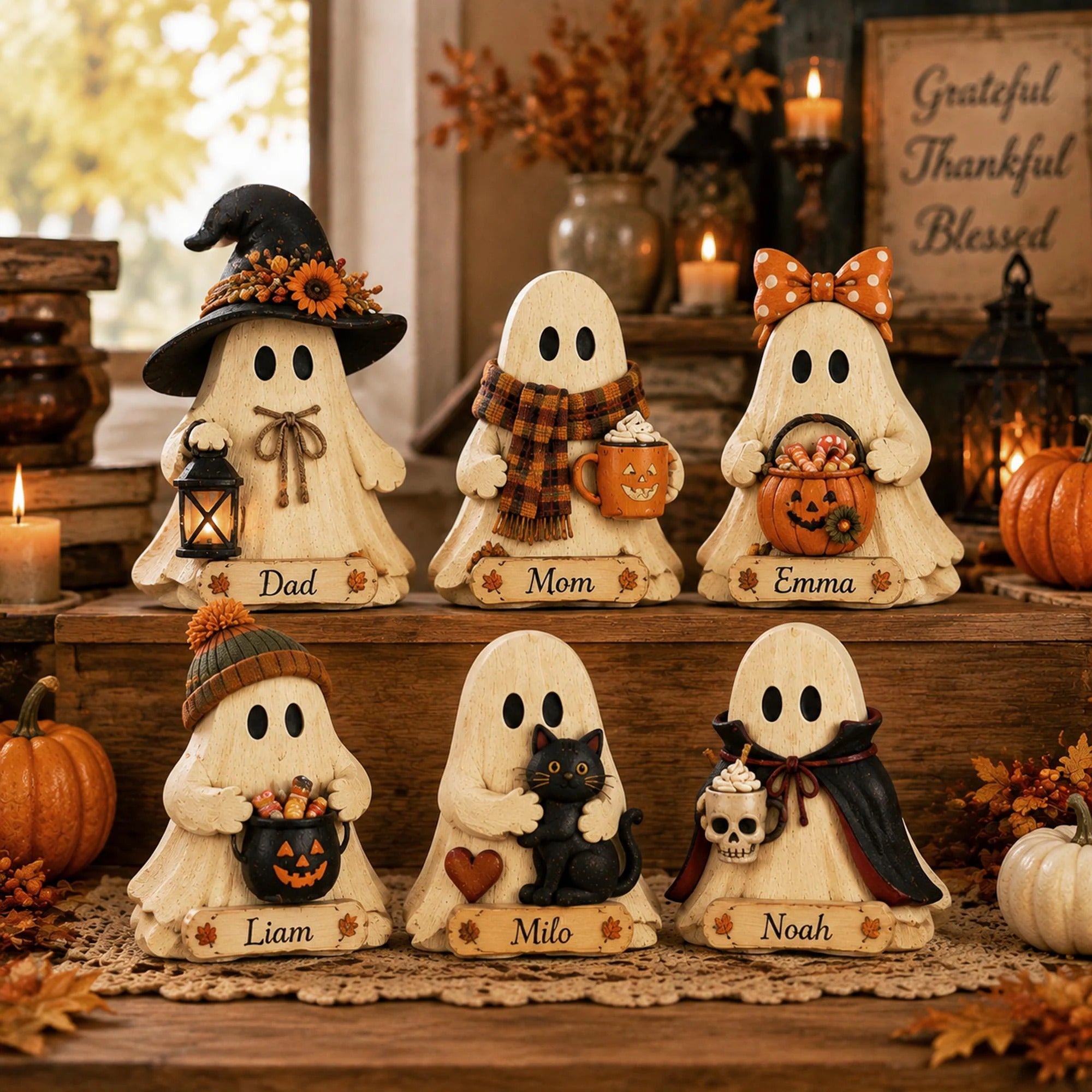 Personalized Halloween Ghost Wooden Block, Custom Name Ghost Figurine, Cute Fall Pumpkin Decor, Spooky Family Gift