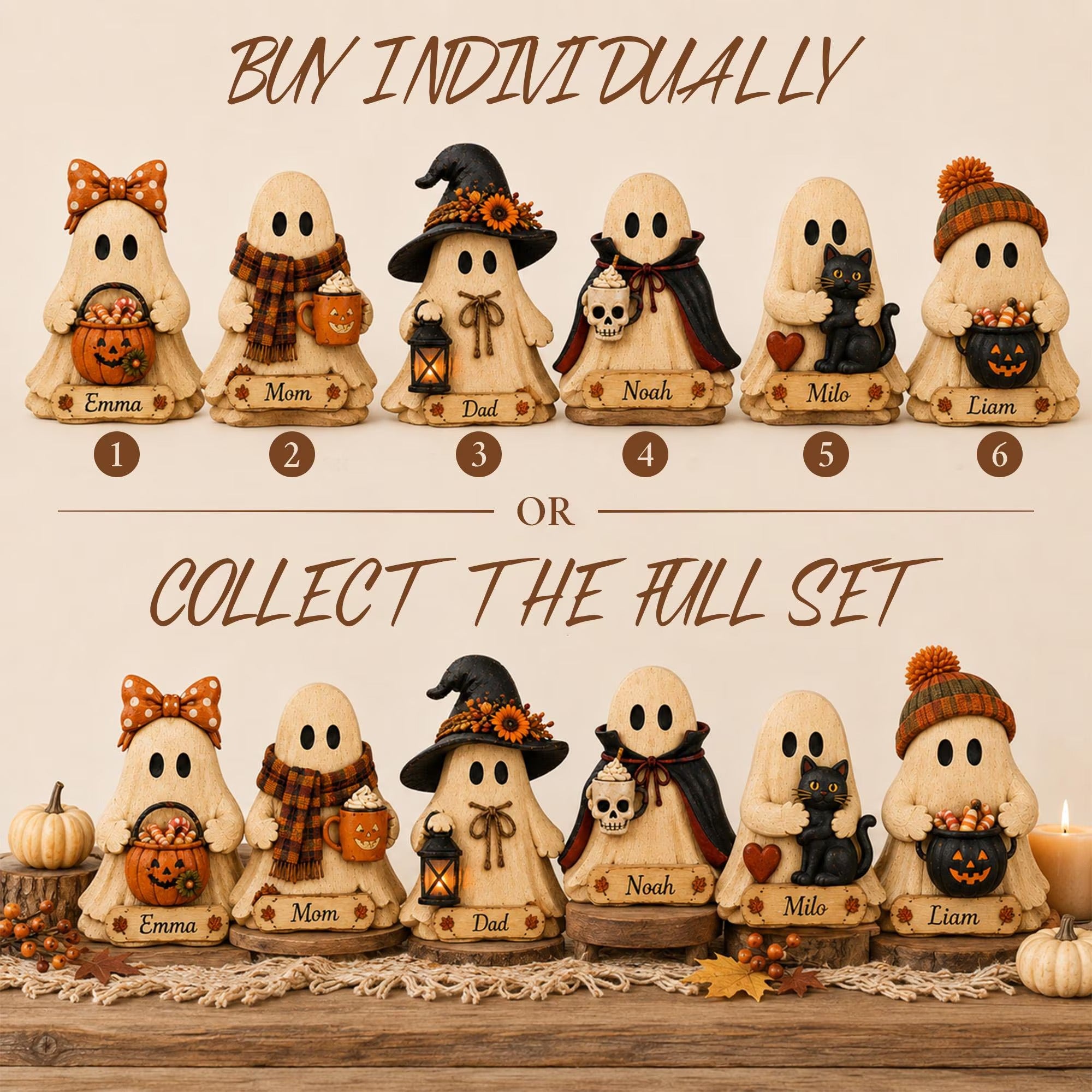 Personalized Halloween Ghost Wooden Block, Custom Name Ghost Figurine, Cute Fall Pumpkin Decor, Spooky Family Gift