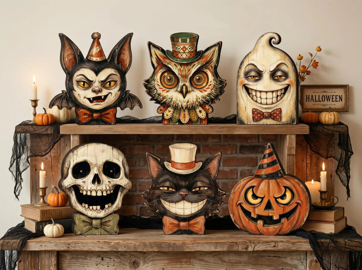 Vintage Halloween Wooden Block Decor, Retro Shelf Sitter, Vampire Ghost Pumpkin Black Cat Skeleton Witch Owl, Rustic Indoor Home Decoration, Housewarming Gift