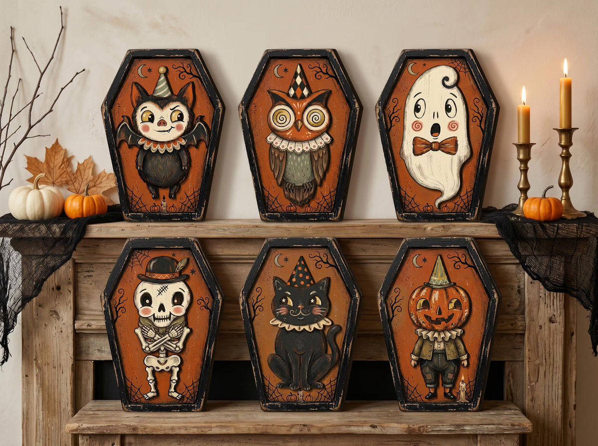 Vintage Halloween Coffin Wooden Block Decor, Retro Shelf Sitter with Bat Owl Ghost Skeleton Black Cat Pumpkin, Spooky Indoor Home Decoration
