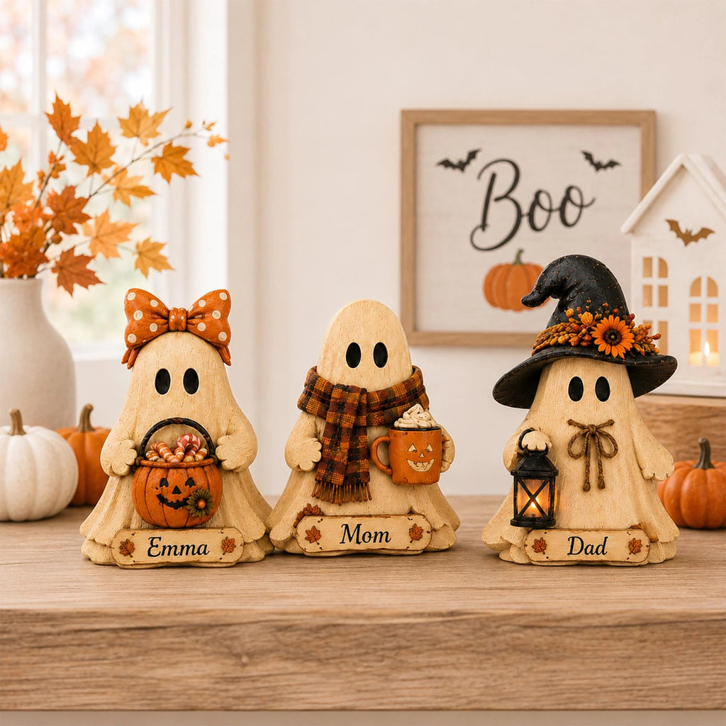 Personalized Halloween Ghost Wooden Block, Custom Name Ghost Figurine, Cute Fall Pumpkin Decor, Spooky Family Gift