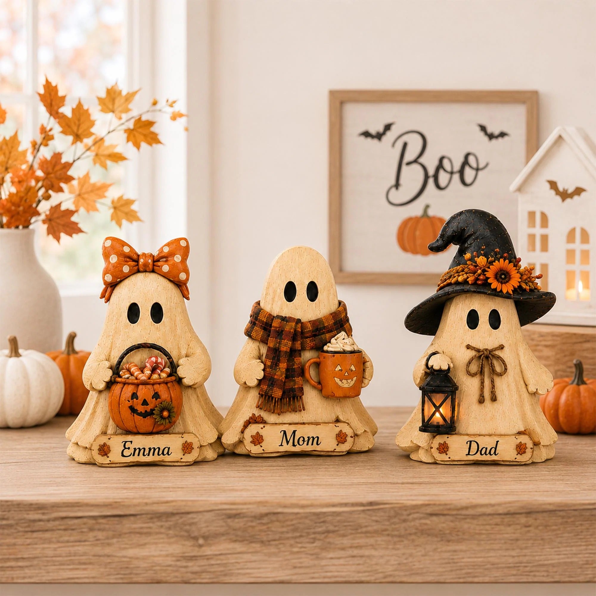 Personalized Halloween Ghost Wooden Block, Custom Name Ghost Figurine, Cute Fall Pumpkin Decor, Spooky Family Gift