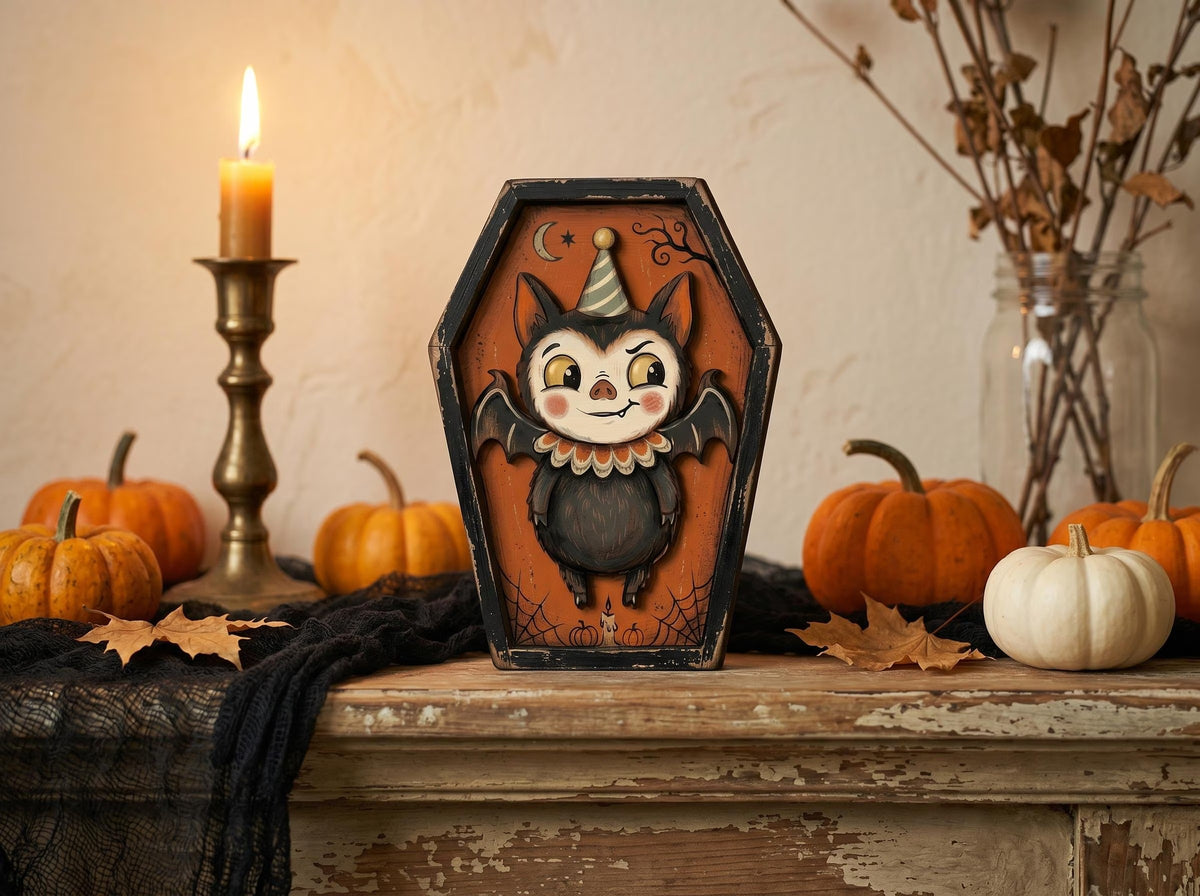 Vintage Halloween Coffin Wooden Block Decor, Retro Shelf Sitter with Bat Owl Ghost Skeleton Black Cat Pumpkin, Spooky Indoor Home Decoration