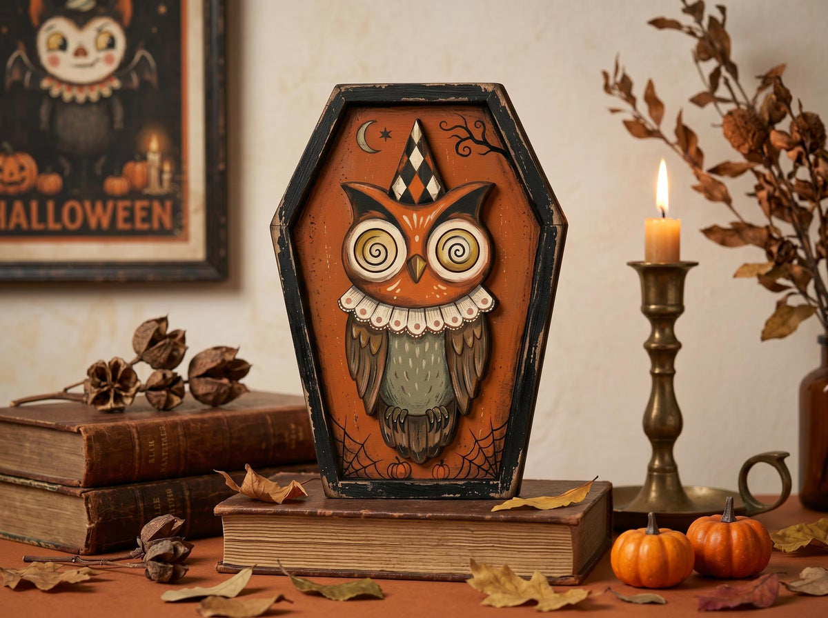 Vintage Halloween Coffin Wooden Block Decor, Retro Shelf Sitter with Bat Owl Ghost Skeleton Black Cat Pumpkin, Spooky Indoor Home Decoration