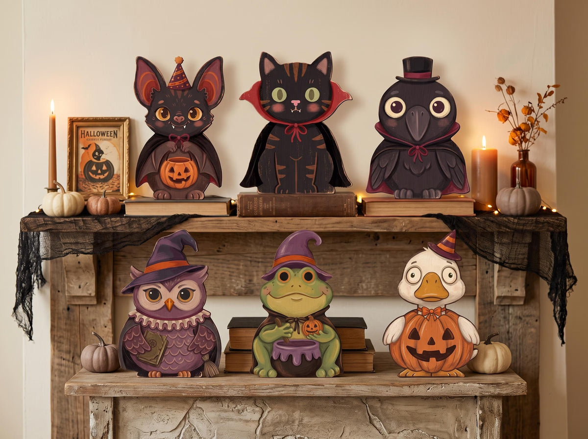 Vintage Halloween Wooden Block Decor, Retro Shelf Sitter, Silly Goose Frog Black Cat Witch Owl Crow, Rustic Indoor Home Decoration, Housewarming Gift