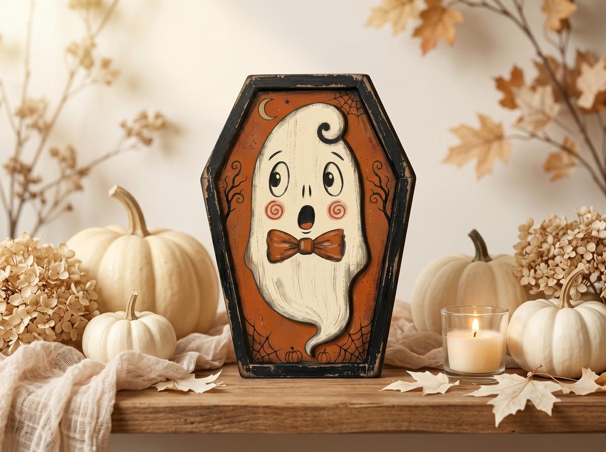 Vintage Halloween Coffin Wooden Block Decor, Retro Shelf Sitter with Bat Owl Ghost Skeleton Black Cat Pumpkin, Spooky Indoor Home Decoration