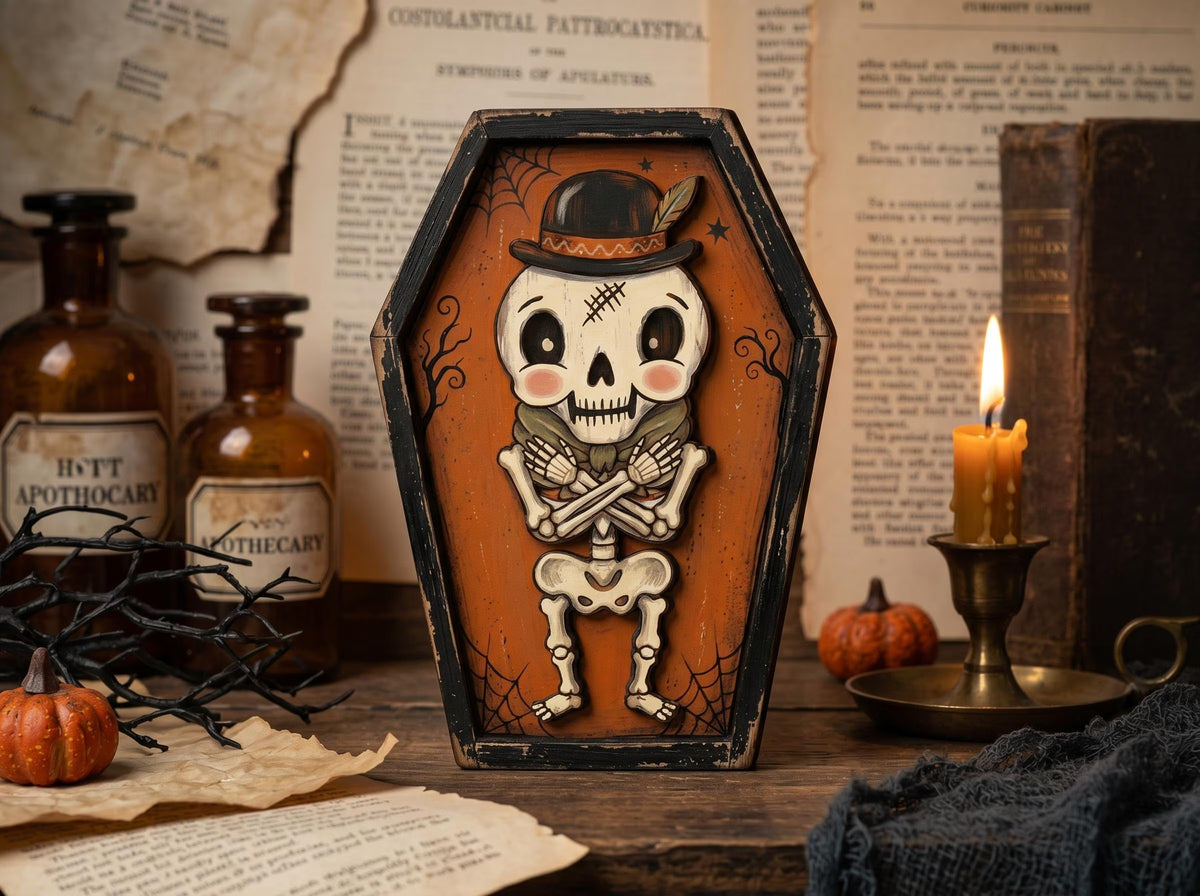 Vintage Halloween Coffin Wooden Block Decor, Retro Shelf Sitter with Bat Owl Ghost Skeleton Black Cat Pumpkin, Spooky Indoor Home Decoration