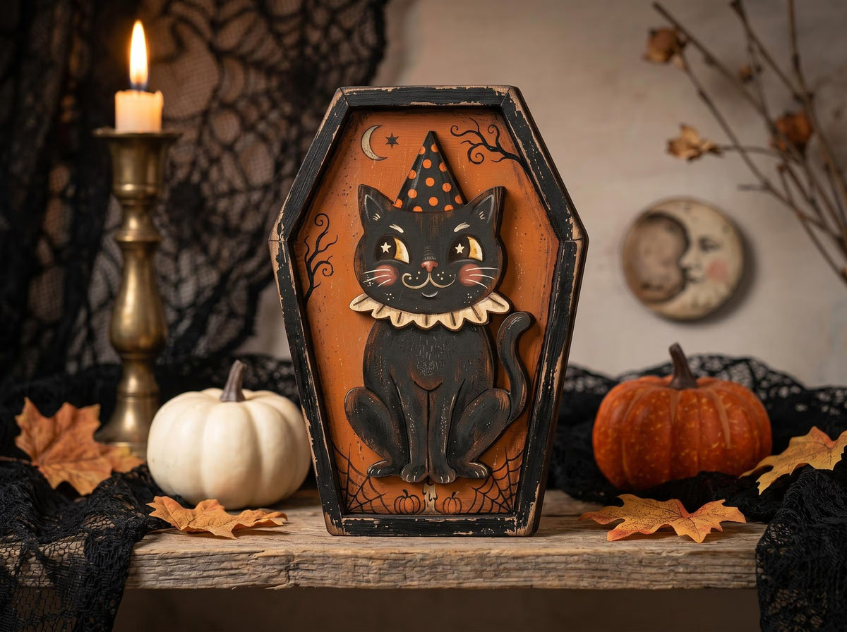 Vintage Halloween Coffin Wooden Block Decor, Retro Shelf Sitter with Bat Owl Ghost Skeleton Black Cat Pumpkin, Spooky Indoor Home Decoration