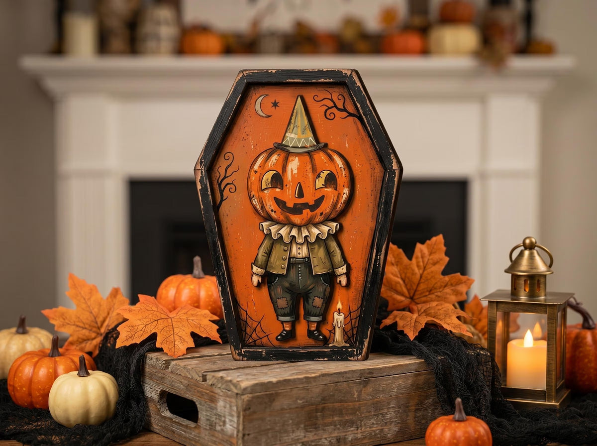 Vintage Halloween Coffin Wooden Block Decor, Retro Shelf Sitter with Bat Owl Ghost Skeleton Black Cat Pumpkin, Spooky Indoor Home Decoration
