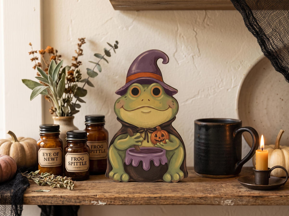 Vintage Halloween Wooden Block Decor, Retro Shelf Sitter, Silly Goose Frog Black Cat Witch Owl Crow, Rustic Indoor Home Decoration, Housewarming Gift