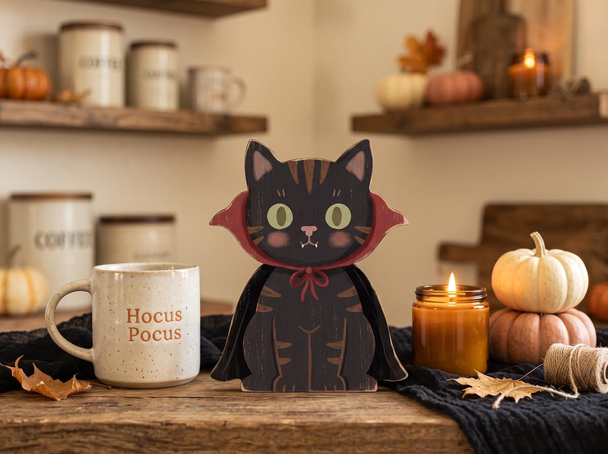 Vintage Halloween Wooden Block Decor, Retro Shelf Sitter, Silly Goose Frog Black Cat Witch Owl Crow, Rustic Indoor Home Decoration, Housewarming Gift